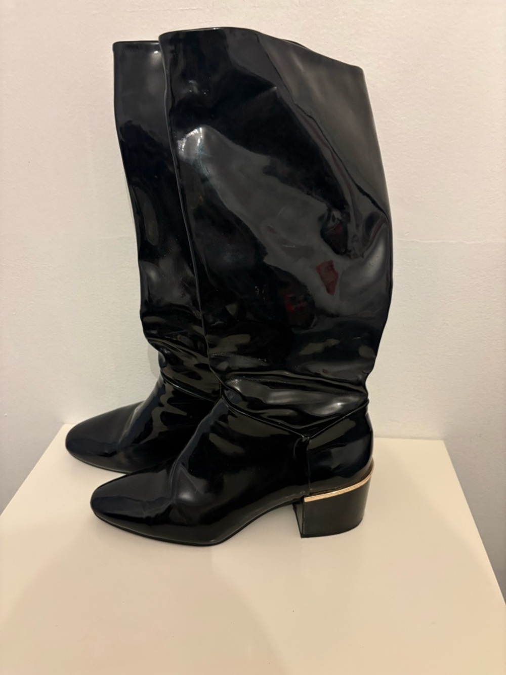 Zara Black Patent Mid-Calf Block Heel Boots